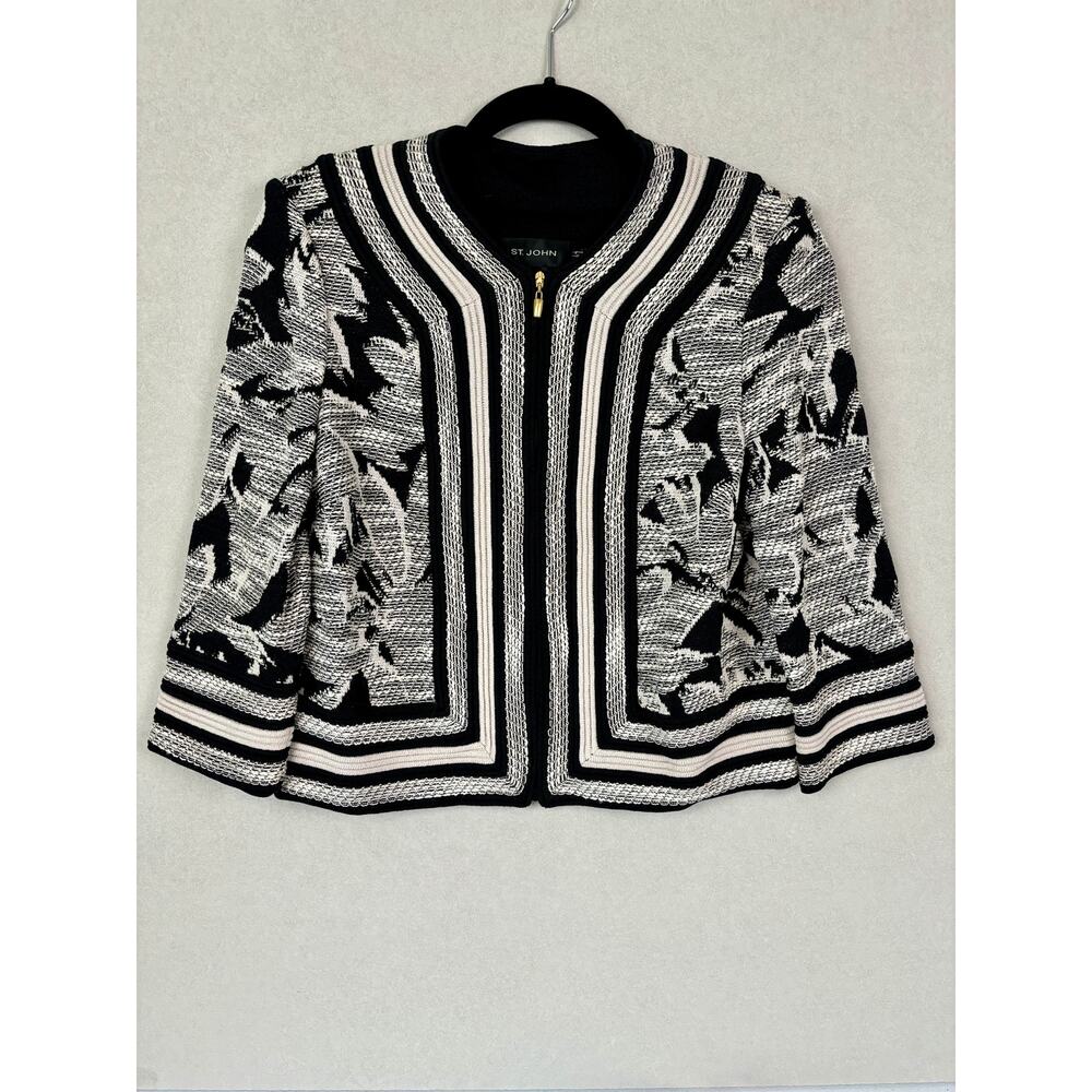 ST JOHN Cream Silver Metallic Zip Knit Jacket w/Black Accents Women's Size 4
